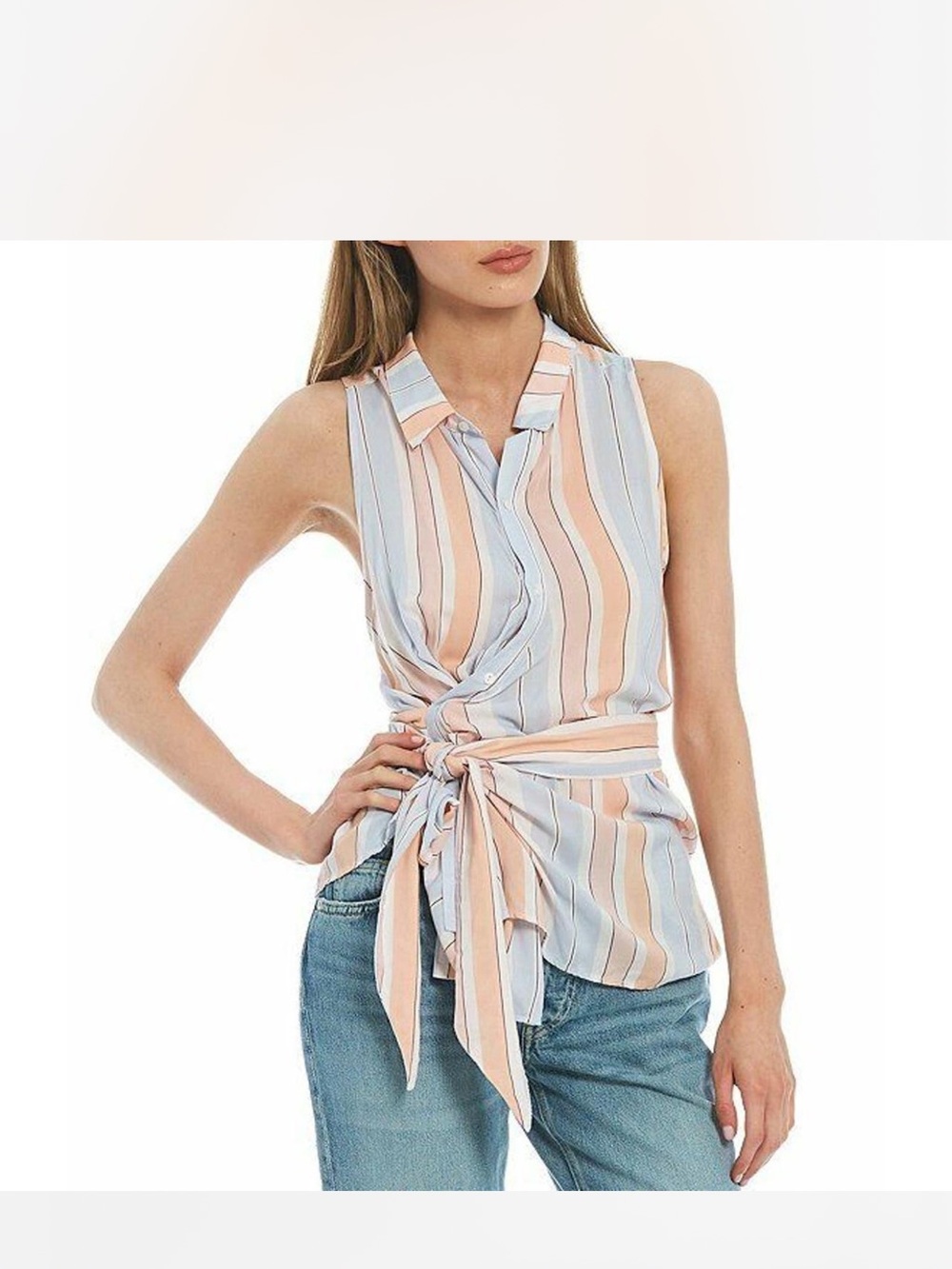 Free People Sleeveless Striped Tie-Front Top in Light Blue and Peach